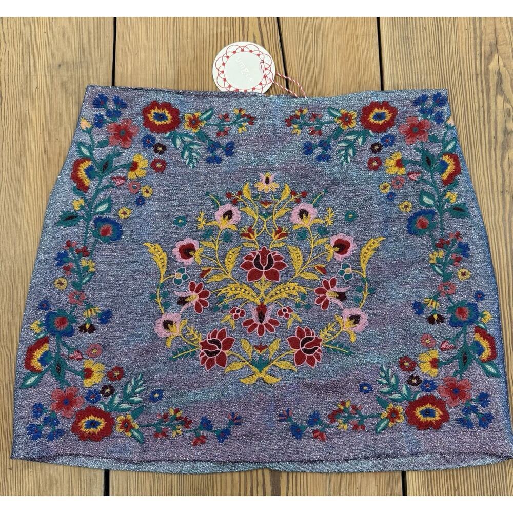 NWT Umgee Metallic Blue Mini Skirt Embroidered Floral Western Boho Festival L